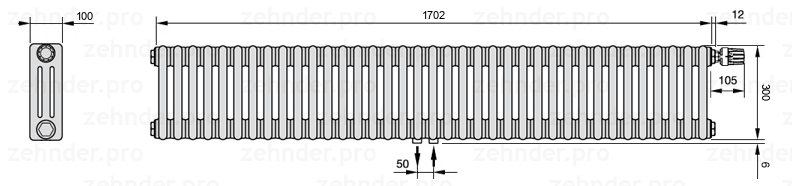 Схема (чертеж) Радиатор Zehnder Charleston 3030/37 №V008 Белый глянцевый RAL 9016